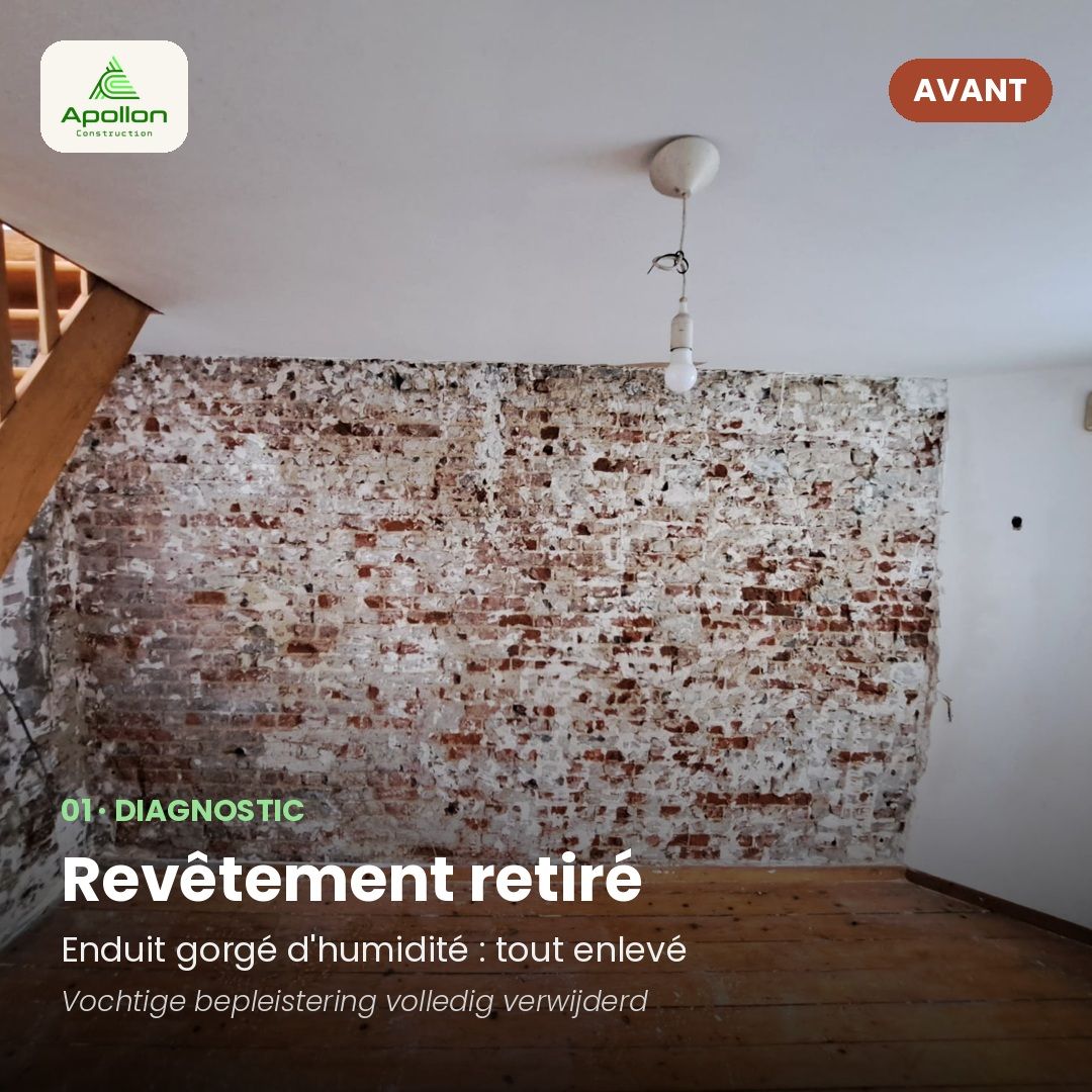 Mur humide : enduit retiré, séché, réenduit — Bruxelles